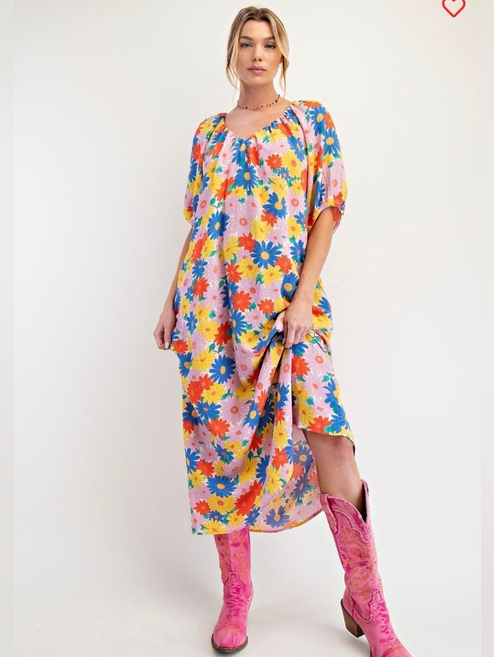 Easel Blue Yellow Floral Maxi Dress Pockets Boho Boutique  1X NWT